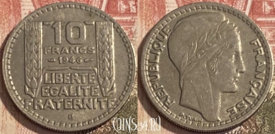 Франция 10 франков 1946 B, редкая, KM# 908, 087s-038