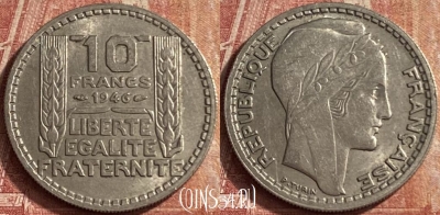 Франция 10 франков 1947 г., large head, KM# 908, 092p-058