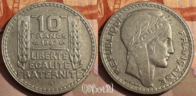 Франция 10 франков 1947 B, large head, KM# 908, 369s-045
