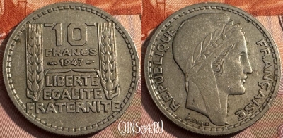 Франция 10 франков 1947 г., large head, KM# 908, 168s-088