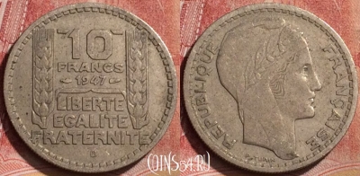 Франция 10 франков 1947 B, large head, KM# 908, 187l-111