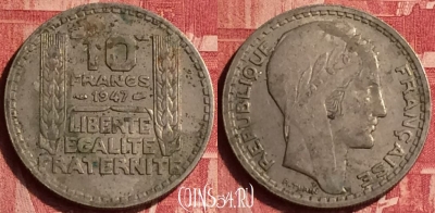 Франция 10 франков 1947 г., large head, KM# 908, 346o-106