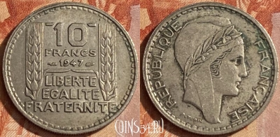Франция 10 франков 1947 г., large head, KM# 908, 462r-426