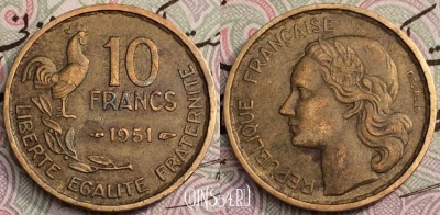 Франция 10 франков 1951 г., см. состояние, 61-061