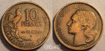 Франция 10 франков 1951 года, KM# 915, 084-018a