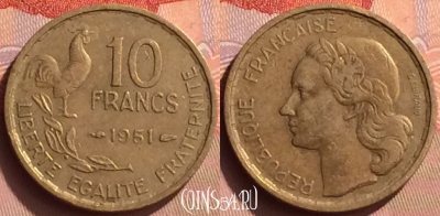 Франция 10 франков 1951 года, KM# 915, 084o-002