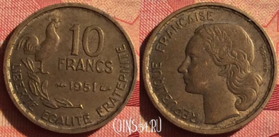 Франция 10 франков 1951 года, KM# 915, 223i-105