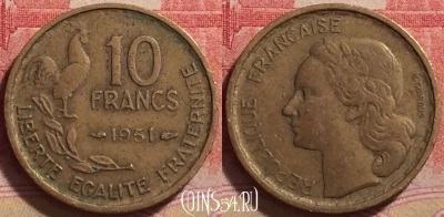 Франция 10 франков 1951 года, KM# 915, 240j-079