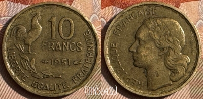 Франция 10 франков 1951 года, KM# 915, 250s-118