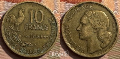 Франция 10 франков 1951 года, KM# 915, 258s-023