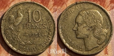 Франция 10 франков 1951 года, KM# 915, 278s-122