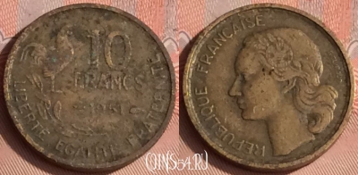 Франция 10 франков 1951 года, KM# 915, 309o-101