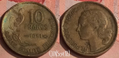 Франция 10 франков 1951 года, KM# 915, 310o-080