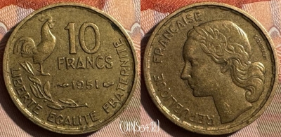 Франция 10 франков 1951 года, KM# 915, 340s-024