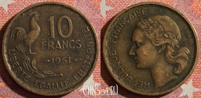 Франция 10 франков 1951 года, KM# 915, 350-106