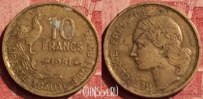 Франция 10 франков 1951 года, KM# 915, 360o-092