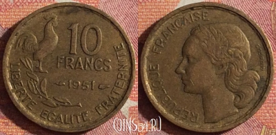 Франция 10 франков 1951 года, KM# 915, 361-121