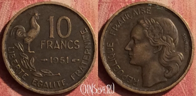 Франция 10 франков 1951 года, KM# 915, 384n-033