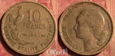 Франция 10 франков 1951 года, KM# 915, 389o-137 ♛