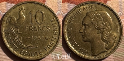 Франция 10 франков 1951 B, KM# 915, 400s-110 ♛