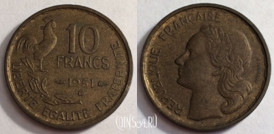 Франция 10 франков 1951 года, KM# 915, 068-004a