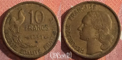 Франция 10 франков 1951 года B, KM# 915, 044h-180