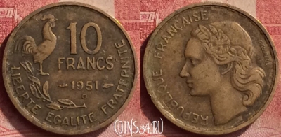Франция 10 франков 1951 года B, KM# 915, 052l-194