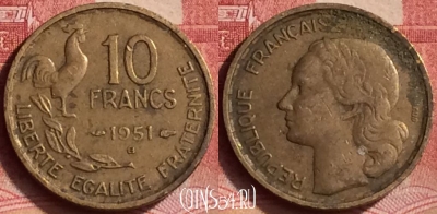 Франция 10 франков 1951 года B, KM# 915, 356l-100