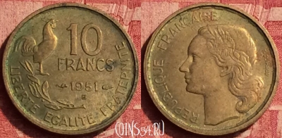 Франция 10 франков 1951 года B, KM# 915, 360o-122