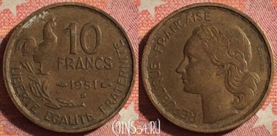 Франция 10 франков 1951 года B, KM# 915, 375-051