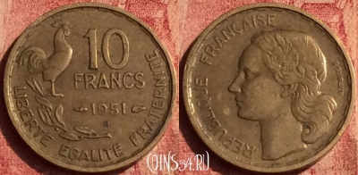 Франция 10 франков 1951 года B, KM# 915, 389o-025