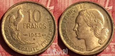 Франция 10 франков 1953 года B, KM# 915, 350o-088