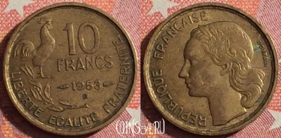 Франция 10 франков 1953 года B, KM# 915, 344-080