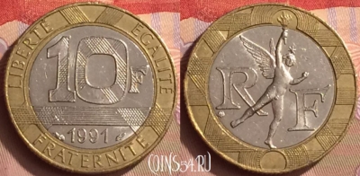 Франция 10 франков 1991 года, KM# 964, 442-107