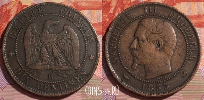 Франция 10 сантимов 1853 года B, KM# 771, 167c-074