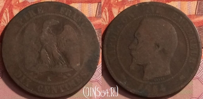 Франция 10 сантимов 1854 г., K Bordeaux, KM# 771, 219o-066