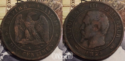 Франция 10 сантимов 1854 года K, KM# 771, 238-102