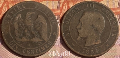 Франция 10 сантимов 1854 K, KM# 771, 329p-084 ♛