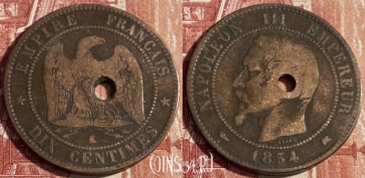 Франция 10 сантимов 1854 K, KM# 771, 404p-002 ♛