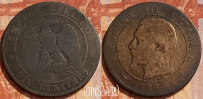 Франция 10 сантимов 1855 A, KM# 771, 353q-074 ♛