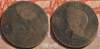 Франция 10 сантимов 1855 B, KM# 771, 093s-078