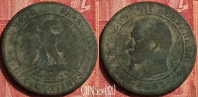 Франция 10 сантимов 1855 года B, KM# 771, 358o-016