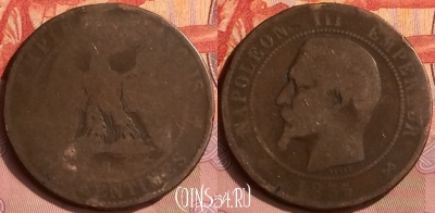 Франция 10 сантимов 1855 года B, KM# 771, 396o-111