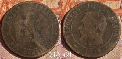 Франция 10 сантимов 1855 K, KM# 771, 332p-085 ♛