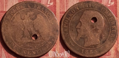 Франция 10 сантимов 1855 года K, KM# 771, 357o-140