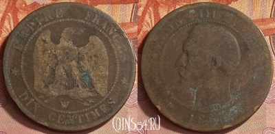 Франция 10 сантимов 1855 года W, KM# 771, 417o-143
