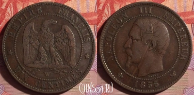 Франция 10 сантимов 1855 W, KM# 798, 075j-090 ♛