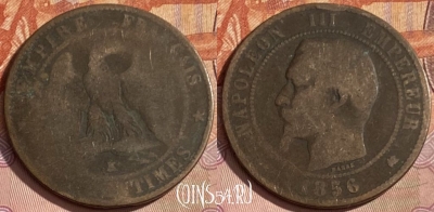 Франция 10 сантимов 1856 K, KM# 771, 364p-079 ♛