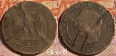 Франция 10 сантимов 1863 BB, KM# 798, 336p-016 ♛
