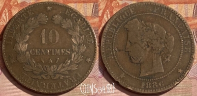 Франция 10 сантимов 1886 г., редкая, KM# 815, 364p-020 ♛